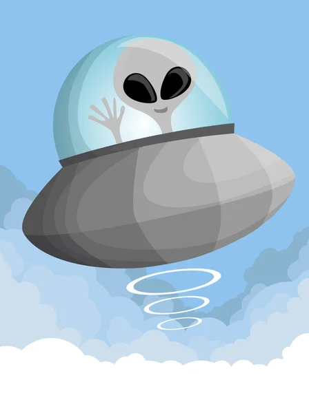 Cute cartoon UFO in the sky — Stock Vector