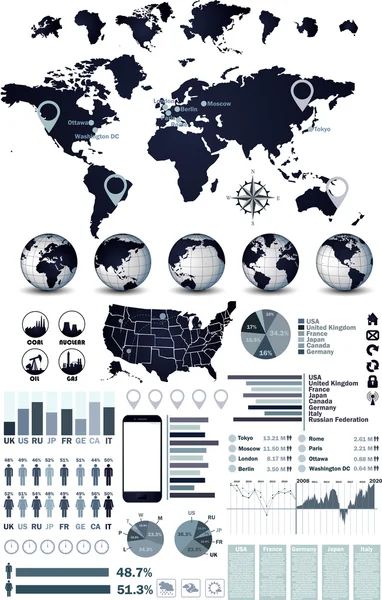 Mapa del mundo e infografías del globo — Vector de stock