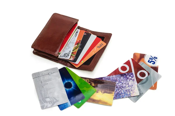 Portefeuille avec des cartes en plastique discount — Photo