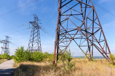 Üç çelik kafes aktarım kulesi, şanzıman hattının olduğu yerde gökyüzüne karşı çalıların üzerinden yön değiştiriyor.