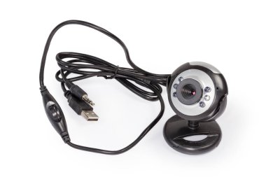 Mikrofonlu USB webcam, LED arka lambası ve bağlamak için klipsi, beyaz arkaplan üzerine yakın plan