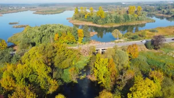 Rivier Stroomt Uit Een Vijver Met Dam Vanuit Lucht — Stockvideo