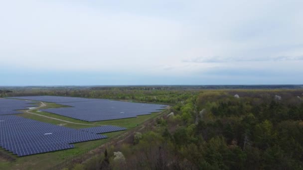 Наземная Солнечная Электростанция Рядом Лесом Вид Воздуха — стоковое видео