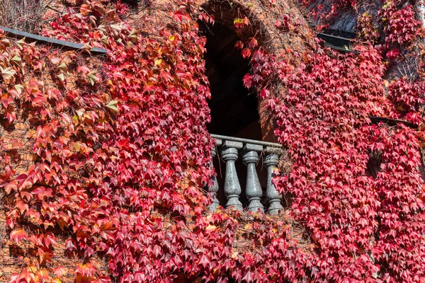 Fragment Einer Fassade Aus Rotem Backstein Mit Balkon Ausgestattet Mit — Stockfoto