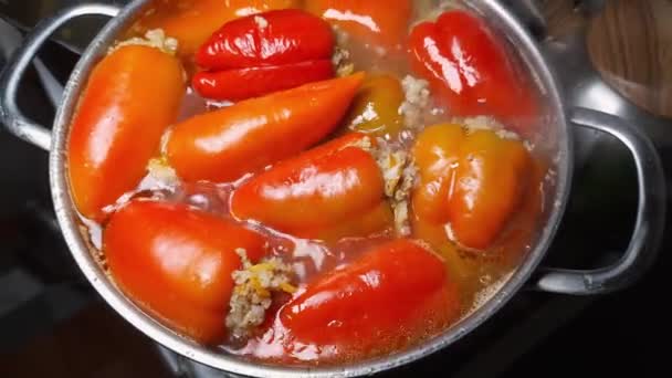 Stuffed Paprika Saucepot Terbuka Selama Persiapan — Stok Video