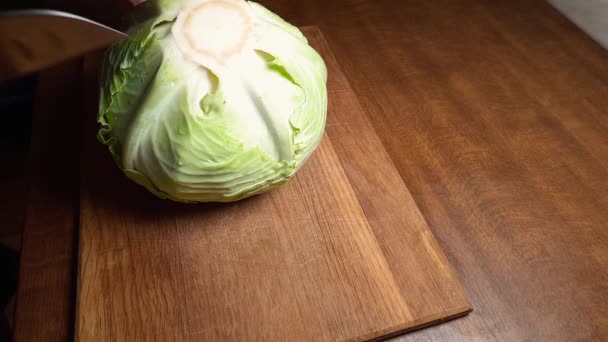 Cutting Half Whole Head White Cabbage Wooden Cutting Board Kitchen — Stock Video