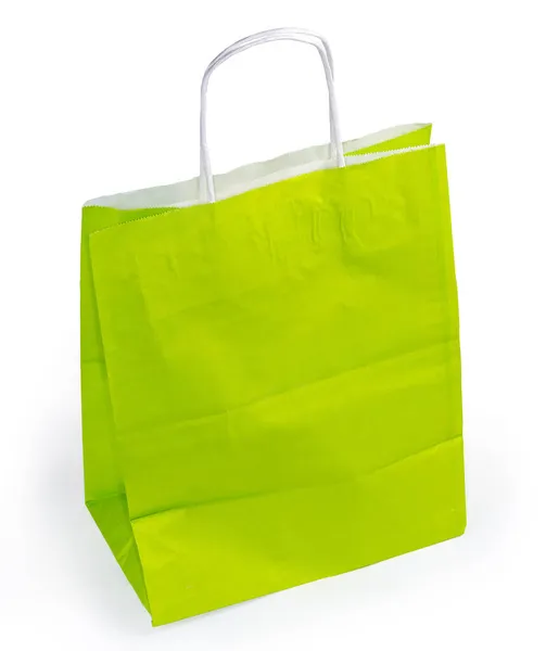 Бумажный Пакет Зеленый Снаружи Скрученными Бумажными Ручками Каната Белом Фоне — стоковое фото