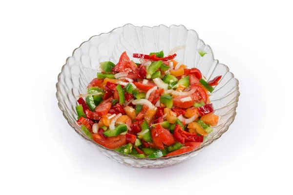 Zeleninový Salát Nakrájených Čerstvých Rajčat Pestrobarevné Papriky Cibule Skleněné Míse — Stock fotografie