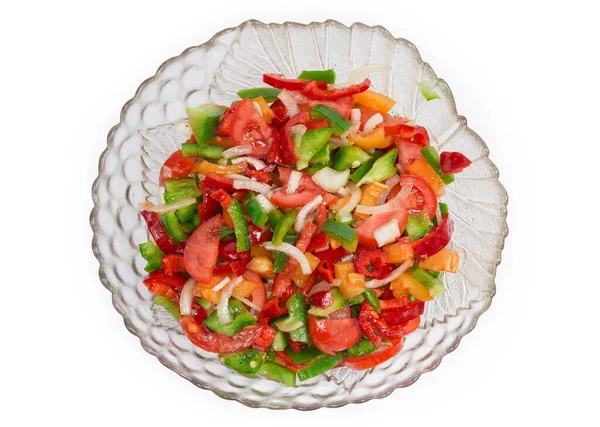 Salade Légumes Tomates Fraîches Tranchées Poivrons Multicolores Oignon Dans Saladier Photo De Stock
