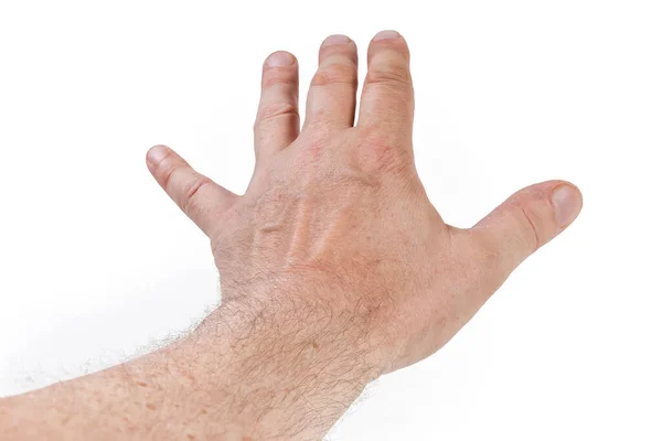 白い背景に広がった親指と小指で 背中の手で位置し 離れて自分自身から延長大人の男の手 — ストック写真