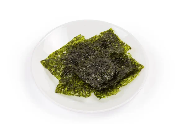 Thin Dried Sheets Nori Seaweed Snack White Dish White Background — Stock Photo, Image
