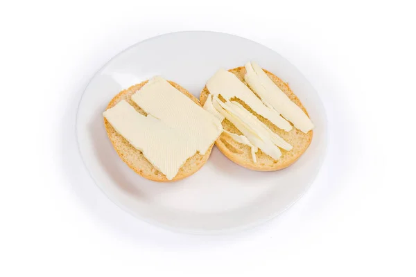 Sandwichs Ouverts Faits Avec Deux Moitiés Petit Pain Rond Tranches — Photo