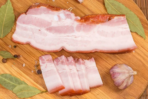 Piece Several Slices Boiled Smoked Pork Belly Skin Different Spices — Stock Photo, Image