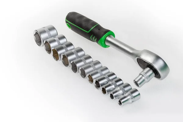 Ratchet Wrench Set Hexagonal Sockets Different Sizes Laid Out Row — Stock Photo, Image