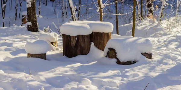 Makeshift Table Chairs Made Thick Wooden Logs Covered Thick Snow — Stock Photo, Image