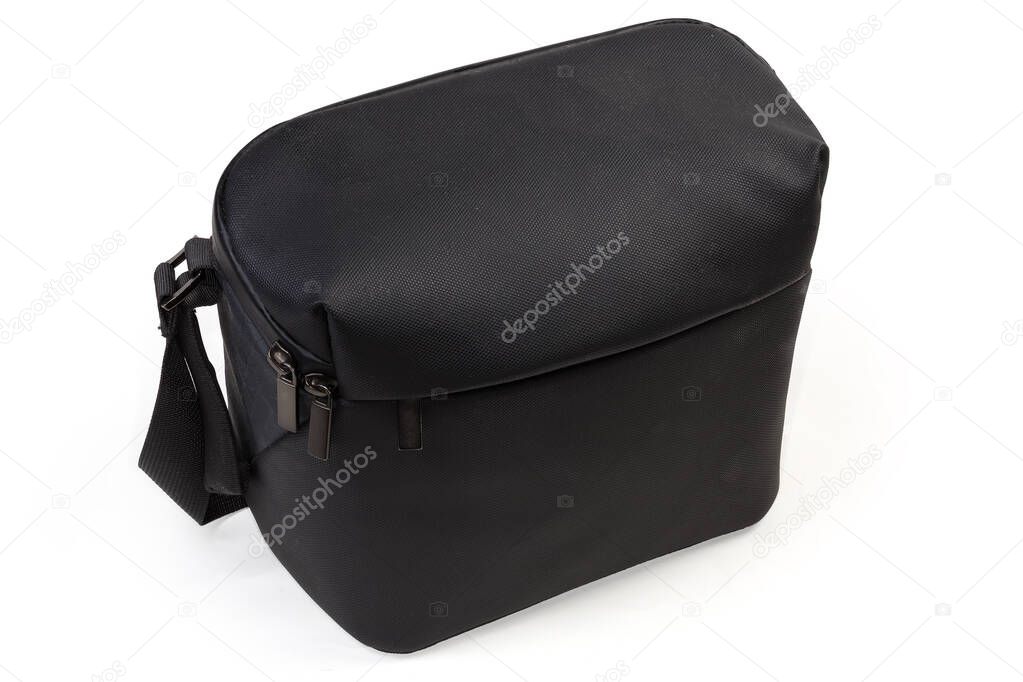 Small black waterproof polyester shoulder bag with watertight zipper on a white background