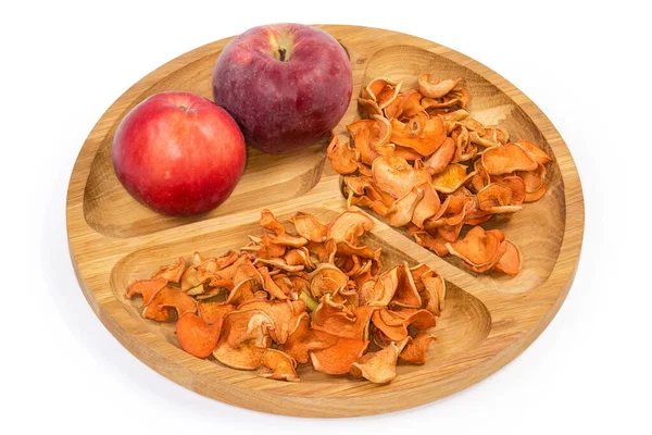 Dried Thin Slices Apples Two Whole Fresh Red Apples Wooden — Stock Photo, Image