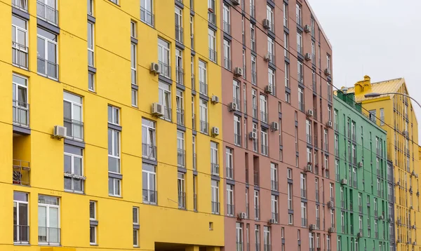 Fragment Multicolored Facades Several Modern Multi Story Apartment Buildings Standing — Fotografia de Stock