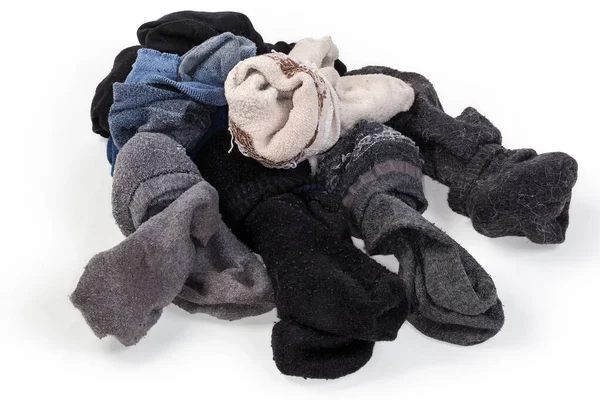 Heap Different Used Socks Washing Collected Pairs White Background — стоковое фото