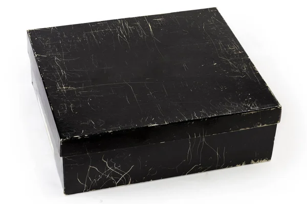 Black Shabby Cardboard Shoes Box Closed Lid Covered Minor Scratches — стоковое фото