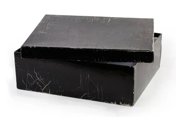 Black Shabby Cardboard Shoes Box Partly Open Lid Covered Minor — стоковое фото