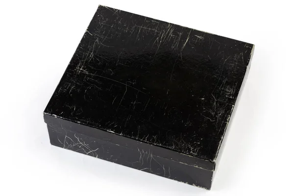 Black Shabby Cardboard Shoes Box Closed Lid Covered Minor Scratches — стоковое фото