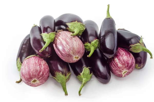 Heap Ripe Fresh Purple Ordinary Eggplants Graffiti Eggplants White Background — Stockfoto