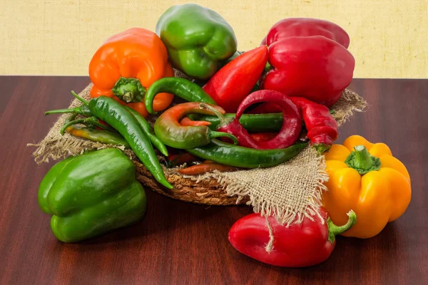 Freshly Harvested Bell Peppers Different Colors Shape Chilli Wooden Table Royalty Free Stock Images