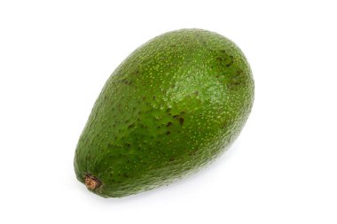 Single whole pear-shaped avocado fruits with green skin on a white background