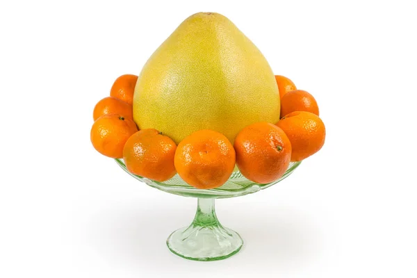 Single Pomelo Fruit Tangerines Him Vintage Green Glass Fruit Vase — Stock Photo, Image