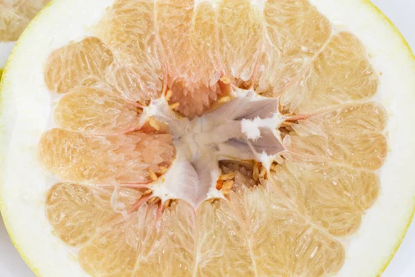 Inner Part Ripe Pomelo Fruit Which Cut Top View Close — Foto de Stock