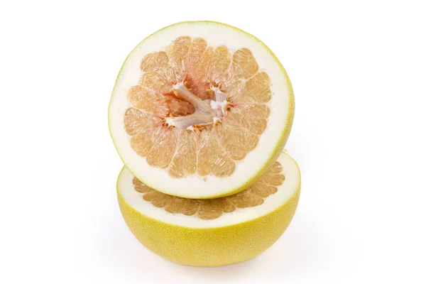 Two Halves Ripe Pomelo Fruit Cut White Background — Foto de Stock