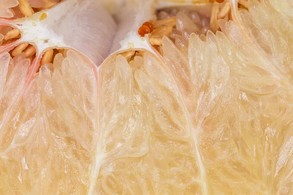 Pulp Ripe Pomelo Fruit Which Cut Fragment Top View Close — Fotografia de Stock