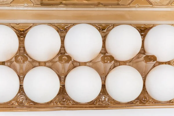 White Chicken Eggs Open Brown Plastic Transparent Disposable Egg Packaging — Foto Stock