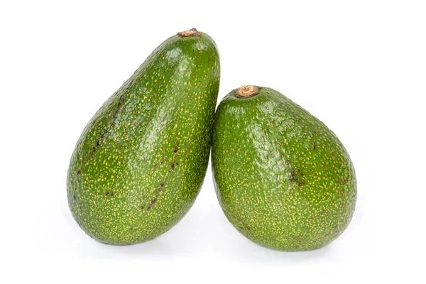 Two Whole Pear Shaped Avocado Fruits Green Skin White Background — 图库照片