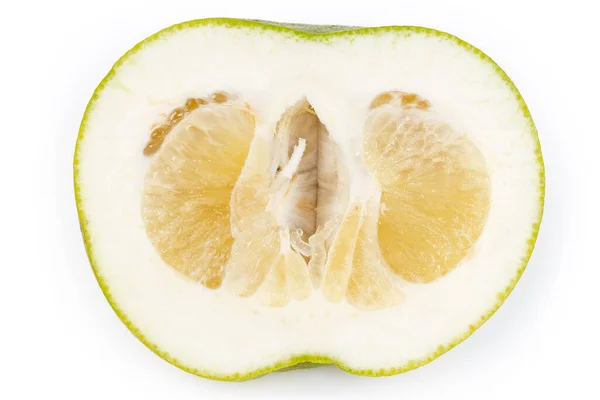 Fruta Madura Oroblanco Que Cortó Longitudinalmente Vista Superior Cerca Textura — Foto de Stock