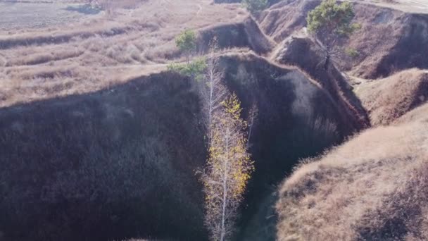 Tiefe Schlucht Mit Steilen Lehmhängen Luftaufnahme — Stockvideo