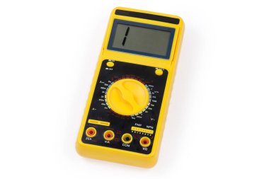 Beyaz zemin üzerinde LCD görüntüsü olan modern taşınabilir el bilgisayarı, evrensel çoklu metre