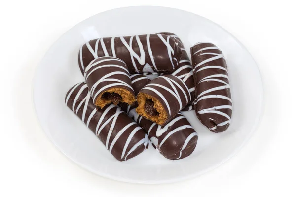 Několik Celých Jeden Poloviční Sušenky Džemovou Náplní Prosklené Tmavou Čokoládou — Stock fotografie