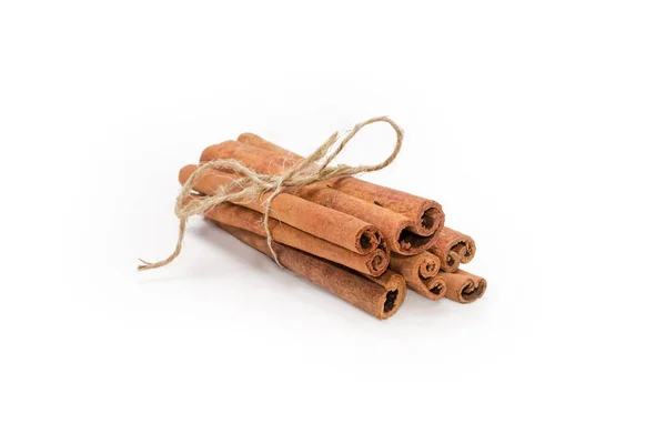 Small Bundle Cinnamon Sticks Tied Twine White Background Close Selective Stock Image