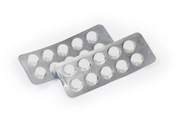 Twee Blisterverpakkingen Met Witte Ronde Pillen Van Farmaceutische Producten Een — Stockfoto