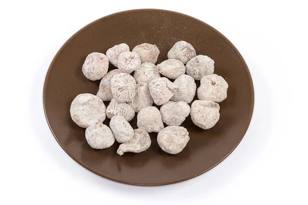 Сушеные Плоды Инжира Покрытые Сахарным Порошком Коричневом Блюде Белом Фоне — стоковое фото