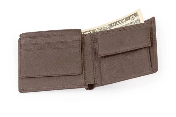 コイン財布付きの古典的な茶色の革の男性の財布を開き 白い背景にカードやいくつかの銀行券のためのいくつかのコンパートメント — ストック写真