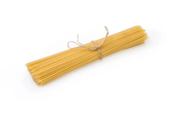 Paquet Pâtes Fines Rondes Crues Appelées Spaghettis Attachées Ficelle Sur — Photo