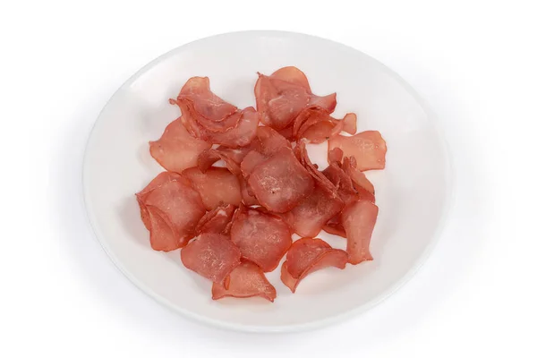 Snacks Form Thin Slices Made Cured Chicken Meat White Dish — Zdjęcie stockowe