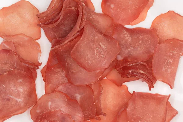 Snacks Form Thin Slices Made Cured Chicken Meat Close White — Stock fotografie