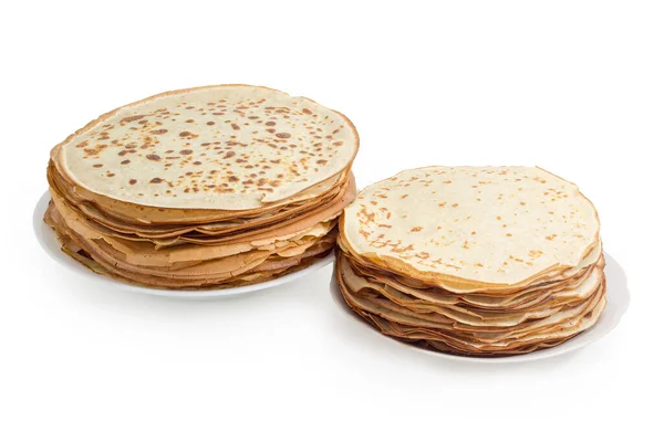 Two Stacks Thin Flat Pancakes Different Sizes Fried Both Sides — стоковое фото