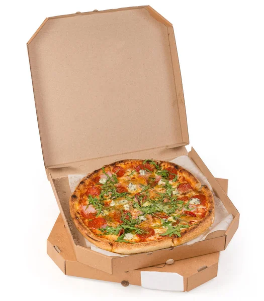 Pizza Salami Open Packaging Form Special Cardboard Box Lies Similar — Photo