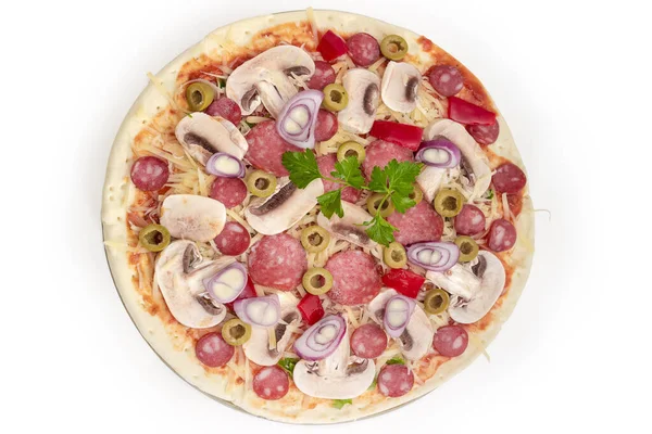 Raw Pizza Different Sausages Button Mushrooms Green Olives Prepared Baking — Photo