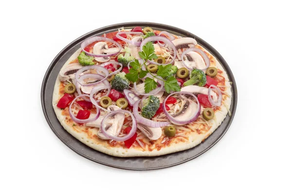 Raw Vegetarian Pizza Different Vegetables Button Mushrooms Prepared Baking Metal — Photo